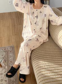 DAZY Butterfly Print Pleated Lantern Sleeve Loose Long Sleeve Pajama Set Fall,Winter - Beige - View 3
