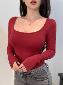 DAZY 女士纯色修身方领长袖 T 恤，百搭秋季女装