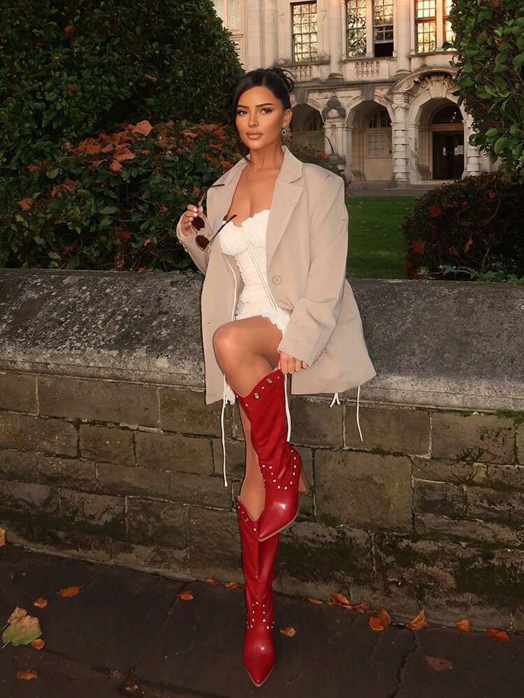 CUCCOO SZL Botas altas rojas con puntera puntiaguda, tacón ancho y adornos de piedras preciosas para mujer, para otoño/invierno, Halloween, bruja, Navidad y Año Nuevo, Día de San Valentín