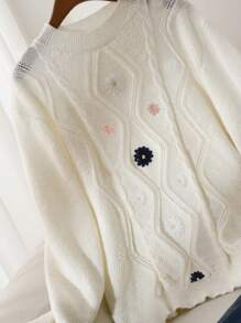 SHEIN Frenchy Plus Size Crew Neck Floral Embroidery Simple Casual Pullover Sweater - Multicolor - View 4