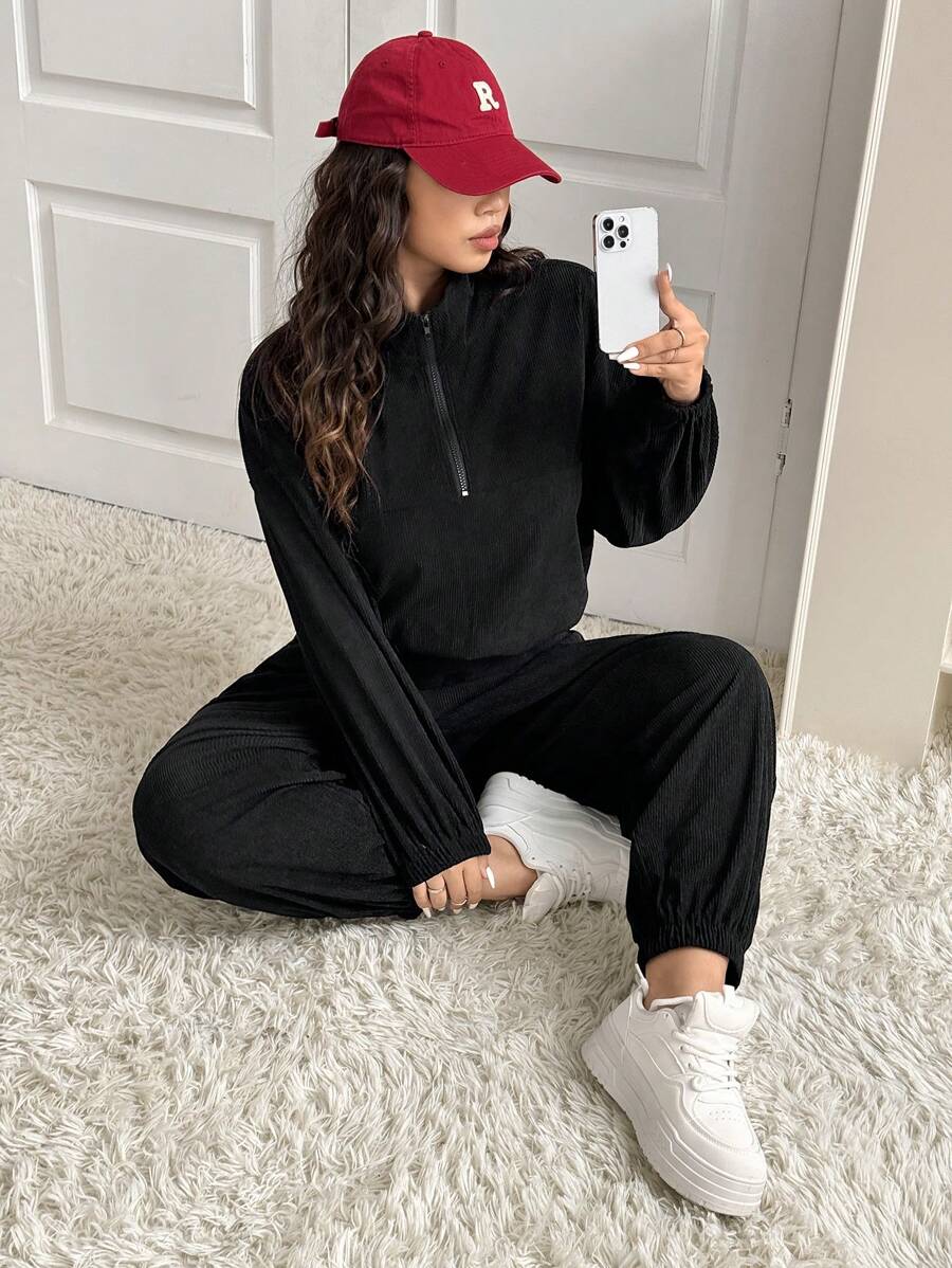 SHEIN EZwear 2 件大码纯色立领半拉链长袖上衣和裤子套装，秋冬 - 黑色 - 查看 1