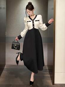 DAZY Vestido de mujer con cuello en V, recorte de color block y largo hasta la pantorrilla, vestido de manga larga para otoño