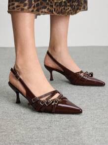 CUCCOO BIZCHIC Women's Fashion Coffee Brown Multiple Strap Buckle Pointed Toe High Heel Pumps Spring Shoes Spring Break Easter - Coffee Brown - View 3