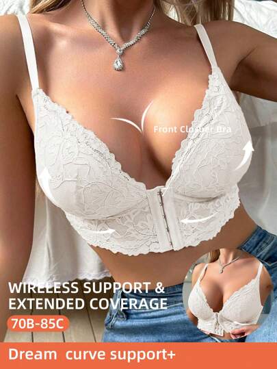 1pc Lace Front Closure Wireless Lingerie Bra For Women