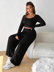 SHEIN EZwear Plus Size Women Basic Homewear Casual 2 Pieces Set, Round Neck Long Sleeve Top & Pants