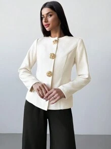 Firerie Nueva chaqueta de estilo elegante y sofisticado para oficina de otoño/invierno, color beige con botones metálicos en el cuello