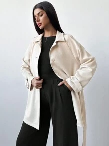 Firerie 女士优雅简约休闲通勤老款腰带高腰口袋 A 字卡其色夹克，秋冬 - 卡其色 - 查看 5