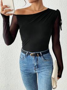 Chiquease Elegant Figure-Flattering Sheer Mesh Solid Color Oblique Shoulder Neck Tie Ruffle Detail Long Sleeve T-Shirt - Black - View 1