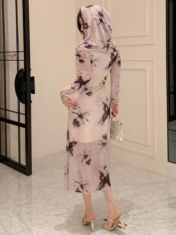 Elegant Mesh Butterfly Print Off Shoulder Mid-Length Dress Festival Prom Dress,Fall Dress Long Sleeve Dress