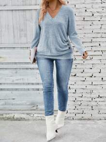 INAWLY Women's V-Neck Long Sleeve Side Slit Button Decor Pleats Soft Knit Casual Pullover, Autumn/Winter Fall Cloth For Women