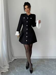 Elenzga Vestido corto negro sexy y elegante con decoración de botón metálico y volantes en los puños, con silueta de línea A