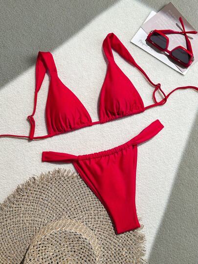 SHEIN Swim 2 件套女士纯色性感比基尼套装，海滩度假 2025 年夏季