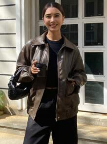 DAZY 秋季新款宽松休闲PU皮女式夹克，秋季女装皮夹克