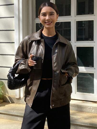 DAZY Autumn New Loose Casual PU Women's Jacket,Fall Women Clothes Leather Jacket