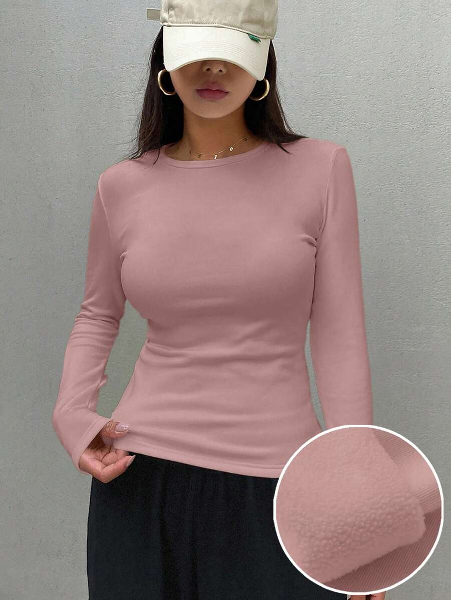 DAZY Women's Casual Solid Color Thermal Lined T-Shirt, Autumn/Winter Long Sleeve Women Tops,Fall Women Clothes