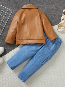 2pcs/Set Young Boy British Style Leather Jacket With Single-Breasted Lapel, Loose Fit And Denim Effect Pants, Suitable For Spring/Autumn, Outdoor, Streetwear, Daily Wear