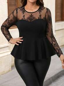 SHEIN Clasi Plus Size Elegant Black Lace Patchwork Ruched A-Line Date T-Shirt