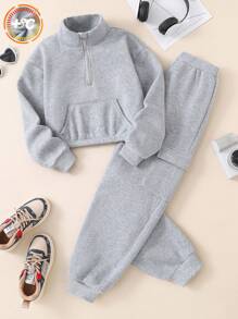 青少年女孩立领长袖拉链连帽衫和运动裤套装，秋冬季休闲装
