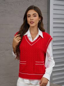INAWLY Women's Red Contrast Color Knitted Cable Knit Sweater Vest, Autumn/Winter - Red - View 3