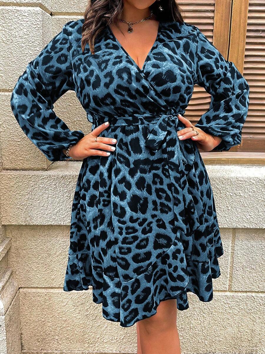 SHEIN Clasi Plus Size Women Leopard Print Overlap V-Neck Lantern Sleeve Fashion Dress, Autumn