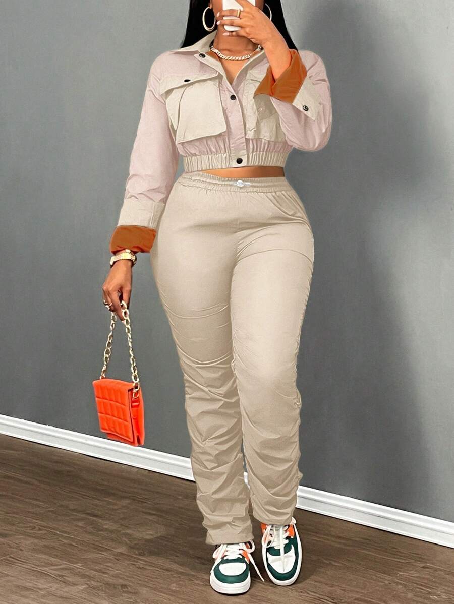 Slaydiva 女士 2 件套前扣长袖纯色上衣和裤子休闲装