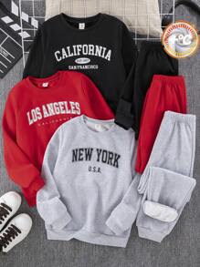 SHEIN Leap Crew 6pcs/Set Tween Boy Casual Athletic Letter Print Sweatshirt & Sweatpants Set, Fall Clothes - Red - View 1