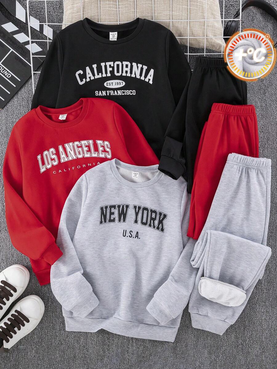 SHEIN Leap Crew 6pcs/Set Tween Boy Casual Athletic Letter Print Sweatshirt & Sweatpants Set, Fall Clothes - Red - View 1