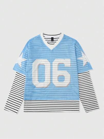 Street Life 2 Stücke/Set Herren Farbblock gestreiftes Sport Jersey T-Shirt (kann in 2 Teile getrennt werden)