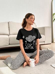 EURMUSE 100%Cotton 2pcs/Set Women Cotton Animal Print Detail Homewear Pajama Set - Black - View 3