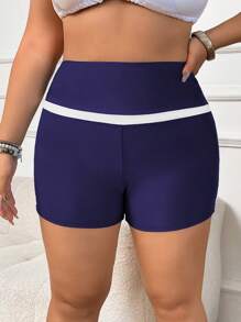 SHEIN Swim Curve Plus Size Women's Modest Solid Color Mixed Panel Swim Shorts Bottom, Suitable For Everyday Wear, Beach, Holiday, Summer Swimwear - Navy Blue - View 2