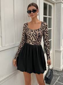 Chiquease Women's Leopard Pattern Round Neck Long Sleeve Waist Ruched Peplum Design French Style Fashion Dress, Autumn/Spring Fall Cloth For Women - Black - View 7