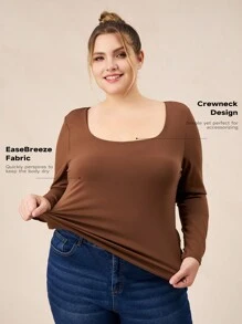 SHEIN BASICS Casual Solid Color Knit Crew Neck Long Sleeve Slim Fit Plus Size T-Shirt