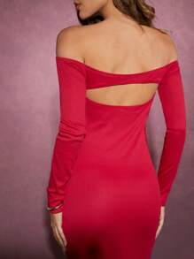 SHEIN Unity Winter Women Clothes, Women's Elegant Red Off-Shoulder Midi Dress With Front 3d Rose Floral Detail And Cut-Out Design,Elegant Women Dresses, Christmas Women Dress, Prom Dress, Red Dress, Long Sleeve Dress. For Date Night, Concerts, Performances, Wedding, Parties, Clubs, Evening, Formal Dress - Red - View 6