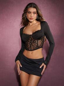 SHEIN Haute Top da sera con maniche lunghe, bustier nero con dettagli in pizzo - nero - Visualizzare 5