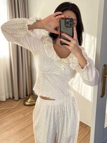 DAZY Floral Ruffle Trim Design Cropped Top And Wide Leg Loose Pants Pajama Set, Fall Winter Clothes - White - View 6