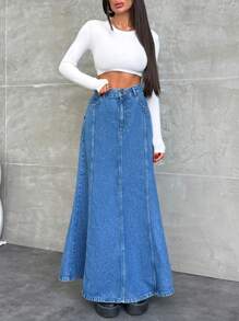 SHEIN High Waist Sewing Detailed Denim Skirt