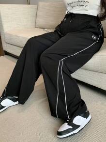 Dazy Plus 大码刺绣装饰拼布松紧腰阔腿休闲裤，四季皆宜