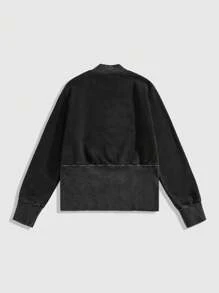 ROMWE MEN Street Life 男士修身拉鍊立領運動衫，休閒時尚，適合日常穿著 - 黑色 - 查看 2