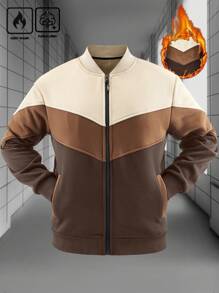 Manfinity Homme Men's Long Sleeve Zip-Up Collar Casual Loose Fit Thermal Lined Jacket, Autumn Winter - Chocolate Brown - View 4