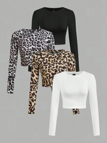 SHEIN Essnce 4 件豹纹黑白休闲简约图案圆领长袖短款紧身女式 T 恤 - 彩色 - 查看 1