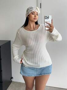 Flirla Plus Size Euro Style Sexy Backless Tie Up White Women Long Sleeve Crew Neck Sweater, Autumn/Winter Knit Pullover Fall - White - View 6