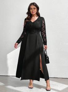 SHEIN Clasi Plus Size Solid Color Lace Splicing Side Slit Maxi Fitted Dress - Black - View 1
