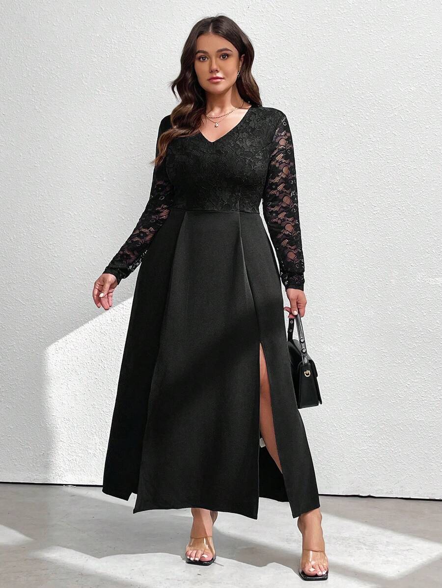 SHEIN Clasi Plus Size Solid Color Lace Splicing Side Slit Maxi Fitted Dress - Black - View 1