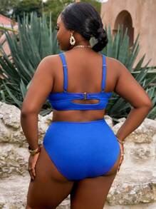 SHEIN Slayr CURVE Plus Size Solid Color Jacquard Fabric Swimwear Set Summer - Blue - View 2