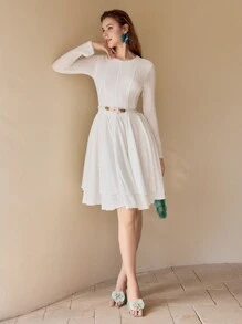 MOTF LONG SLEEVE TEXTURED ZIPPER BACK MIDI DRESS,SPRING/SUMMER - White - View 5