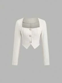 Sweetra 优雅淑女风高端针织方领百搭初秋时尚女式大衣 Y2K - 杏色 - 查看 1