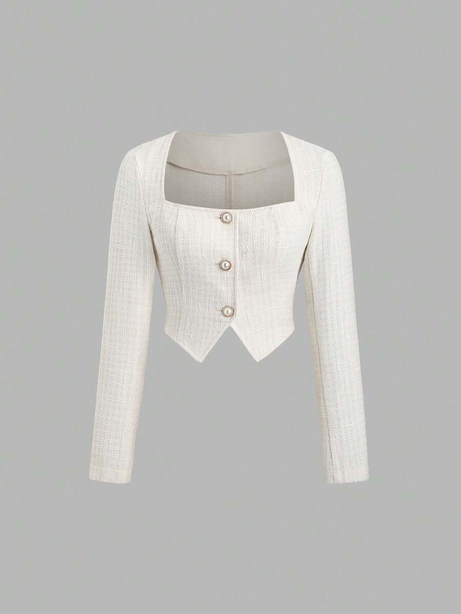 Sweetra 优雅淑女风高端针织方领百搭初秋时尚女式大衣 Y2K - 杏色 - 查看 1