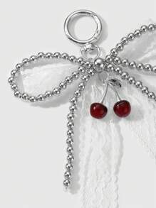 ROMWE Goth 1 件 Y2K 精致甜美时尚百搭高品质手工串珠银 CCB 白色蕾丝蝴蝶结仿樱桃吊坠钥匙扣包饰，适合女性女孩日常穿着和节日礼物 - 白色 - 查看 4