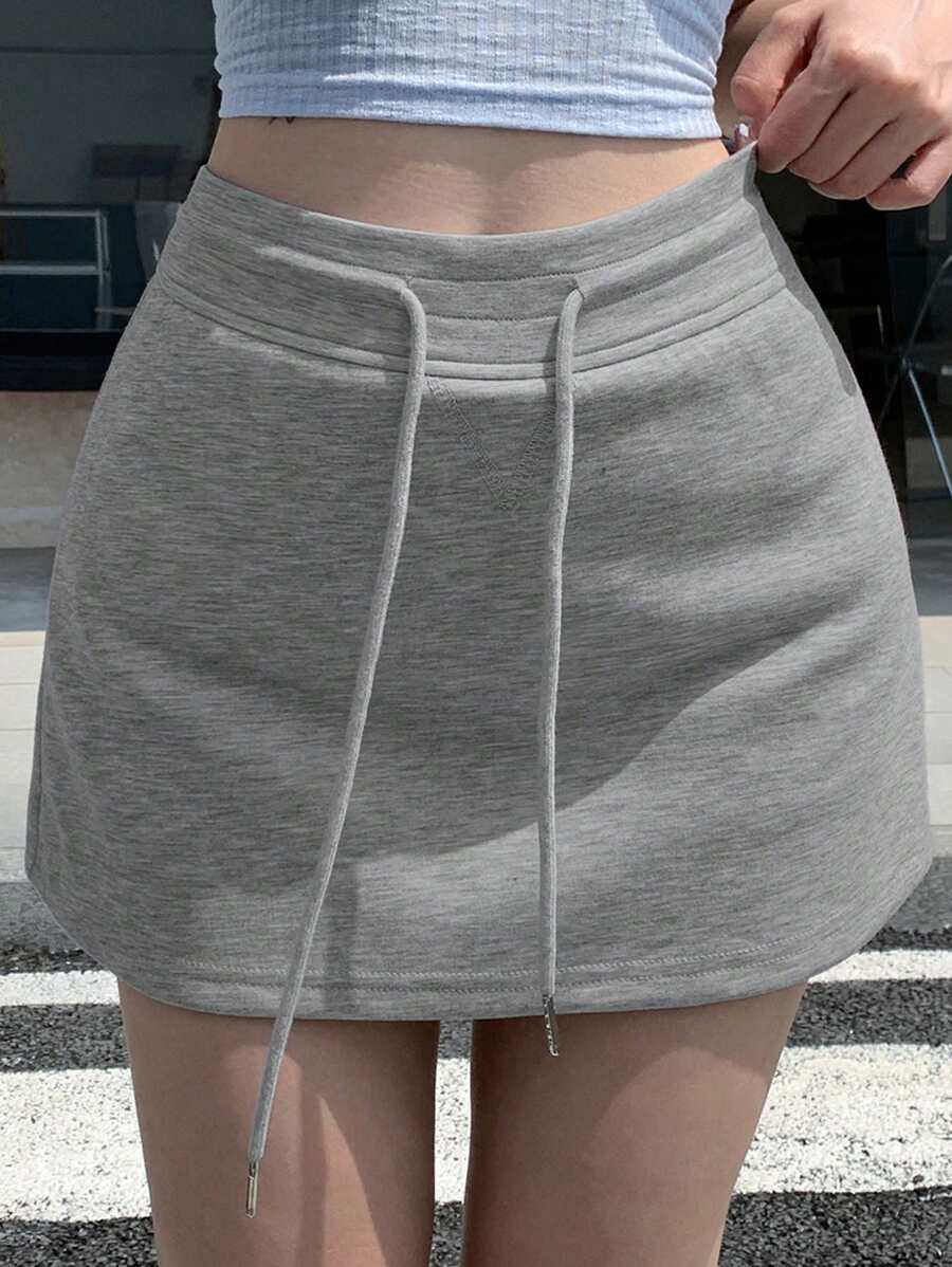 DAZY 女士抽绳纯色简约休闲裙，适合日常穿着，铅笔裙 Y2k - 灰色 - 查看 1