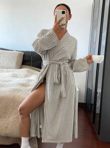 DAZY Striped Loose Lapel Belt Waist Cinched Mid-Length Bathrobe Pajama